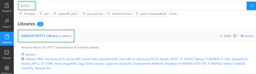 Library SHT31 in PlatformIO auswählen
