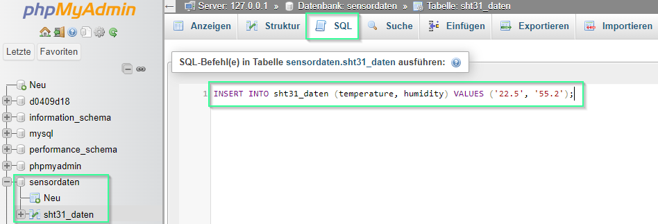 in in myphpadmin SQL Befehle erzeugen