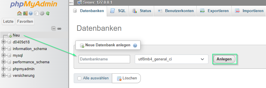 in myphpadmin eine neue Datenbank anlegen