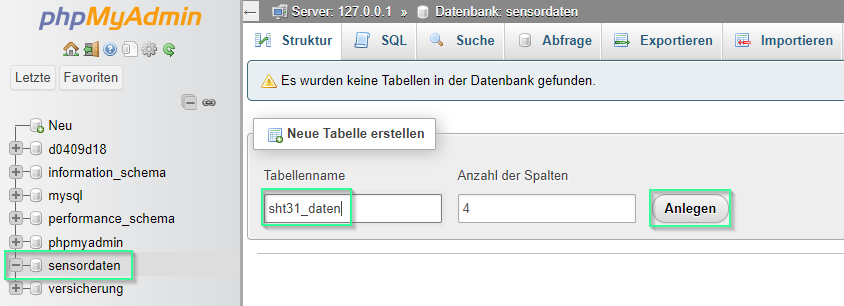 in myphpadmin eine neue Tabelle anlegen