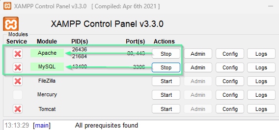 xampp control panel started