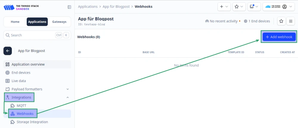 Webhook auf TTN hinzufügen